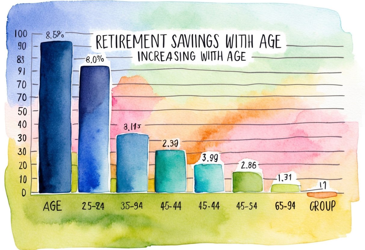 A bar graph showing retirement savings increasing with age, with different colors representing different age groups