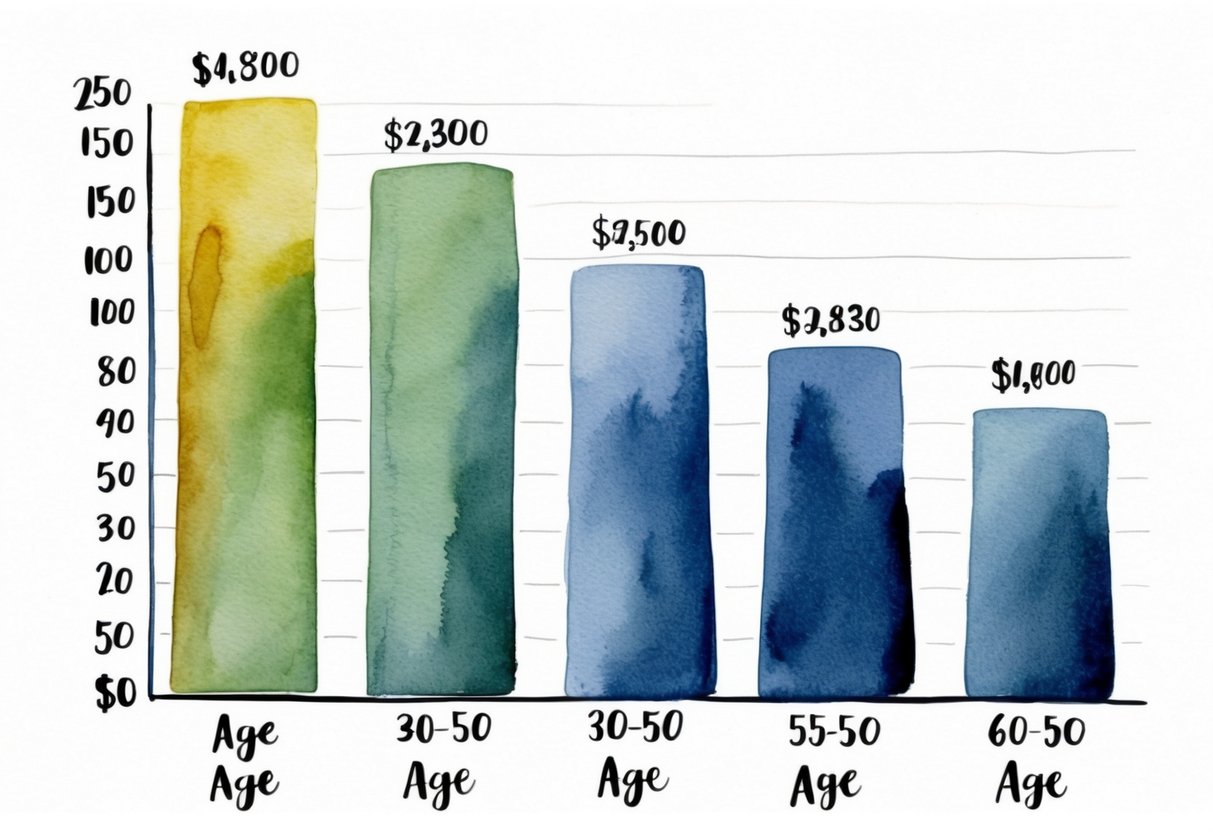 A series of bar graphs showing retirement savings amounts at different age brackets, with increasing amounts as the age increases