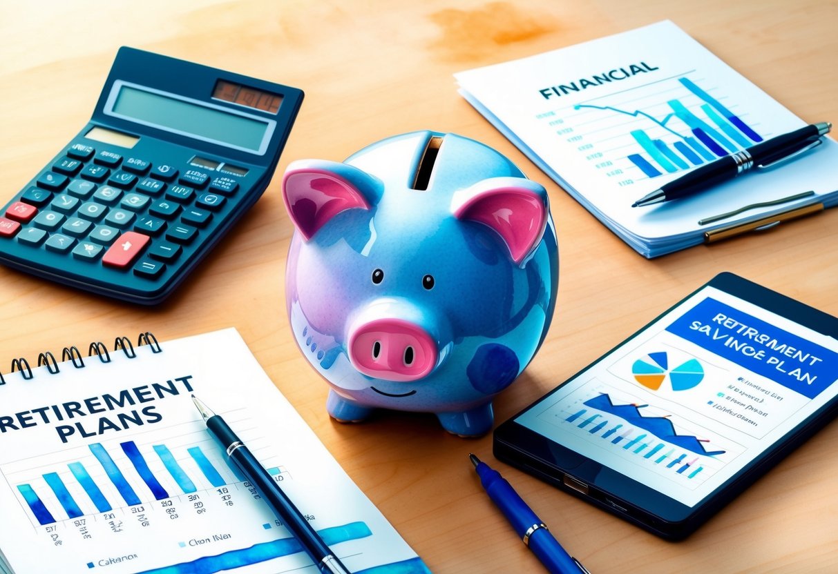 A piggy bank surrounded by a calculator, financial graphs, and a retirement savings plan booklet on a desk