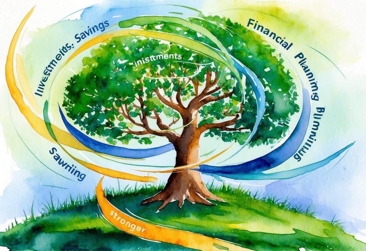 A tree growing taller and stronger with various factors like investments, savings, and financial planning swirling around it