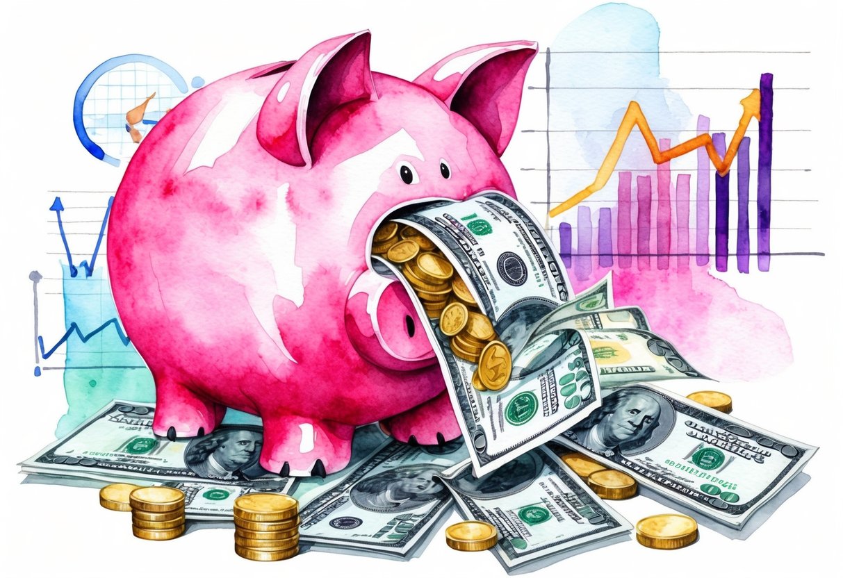A piggy bank being filled with coins and dollar bills, surrounded by financial charts and graphs