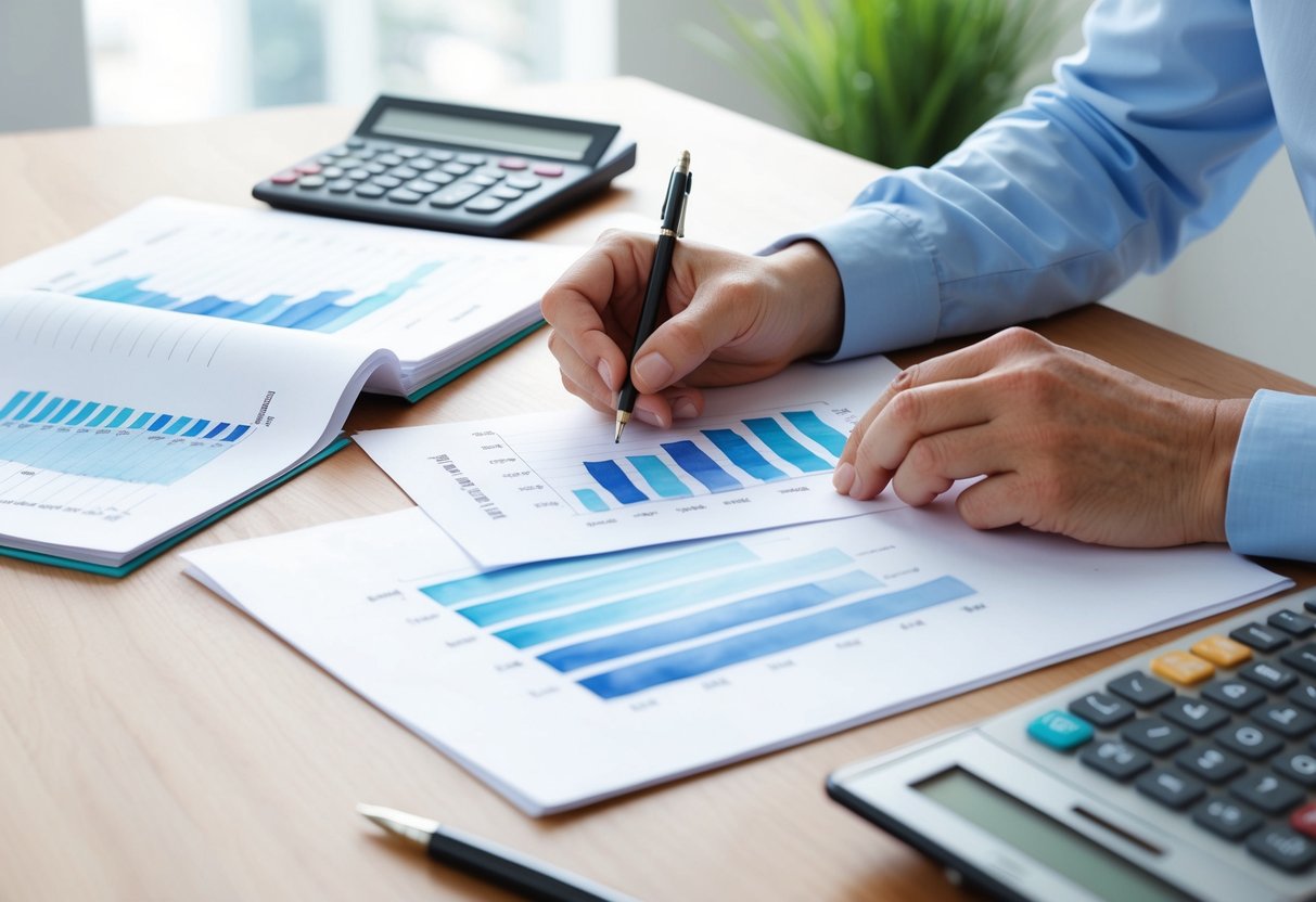 A desk with financial documents, charts, and calculators. A person is analyzing retirement savings factors and making financial plans