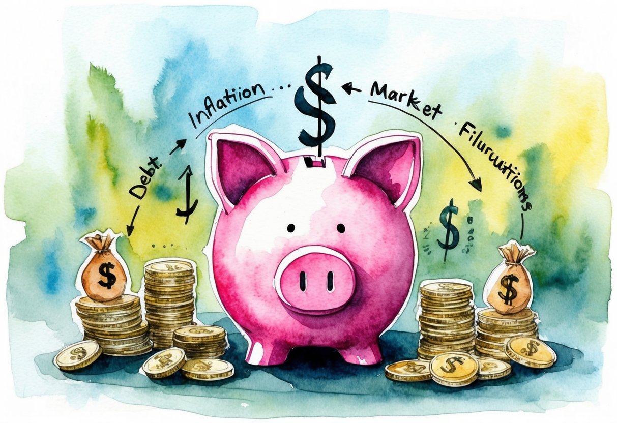 A piggy bank surrounded by obstacles like debt, inflation, and market fluctuations, symbolizing the challenges and factors influencing retirement savings