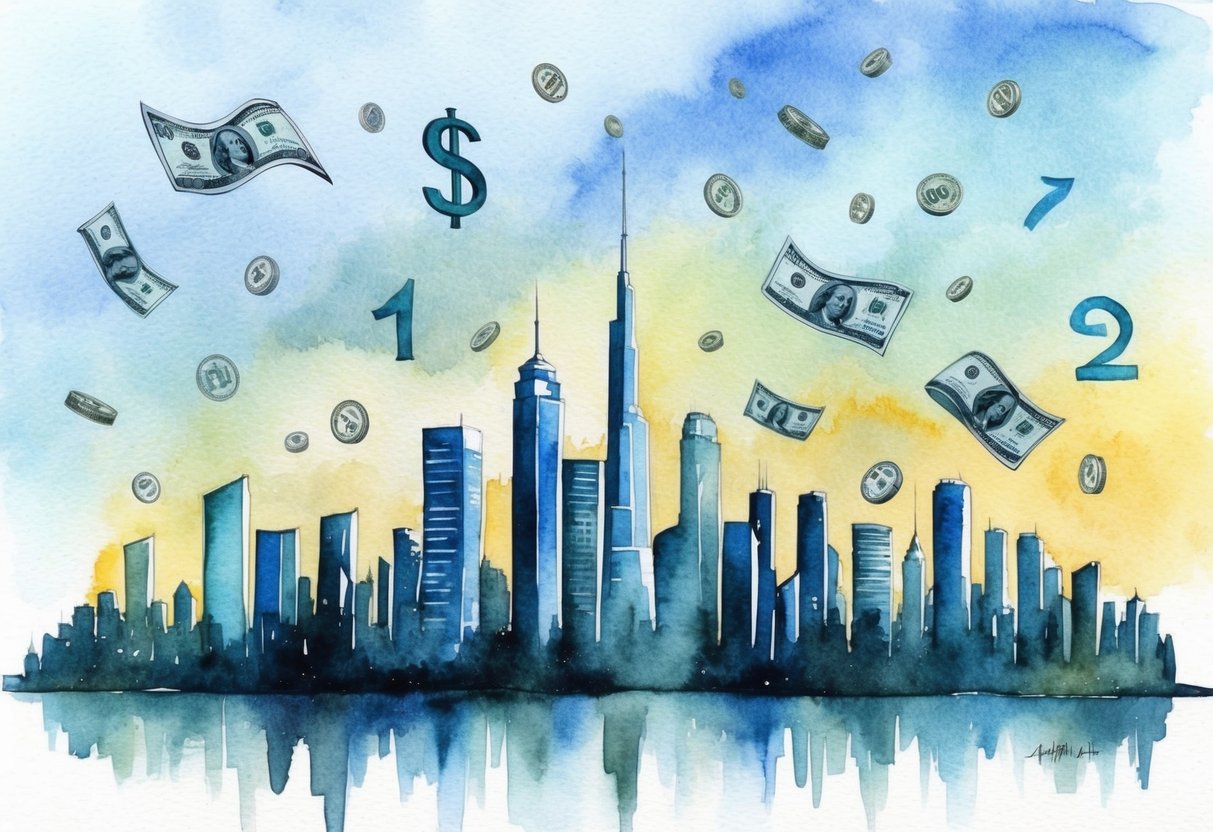 A futuristic city skyline with a variety of retirement savings factors floating in the air, such as money, investment symbols, and retirement age numbers