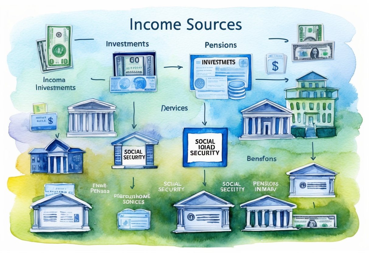 A diverse array of income sources, including investments, pensions, and social security, are depicted in a visually appealing and organized manner