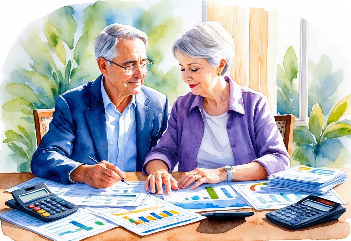 A serene, mature couple sitting at a table surrounded by financial documents, calculators, and charts. They are deep in discussion, strategizing for retirement