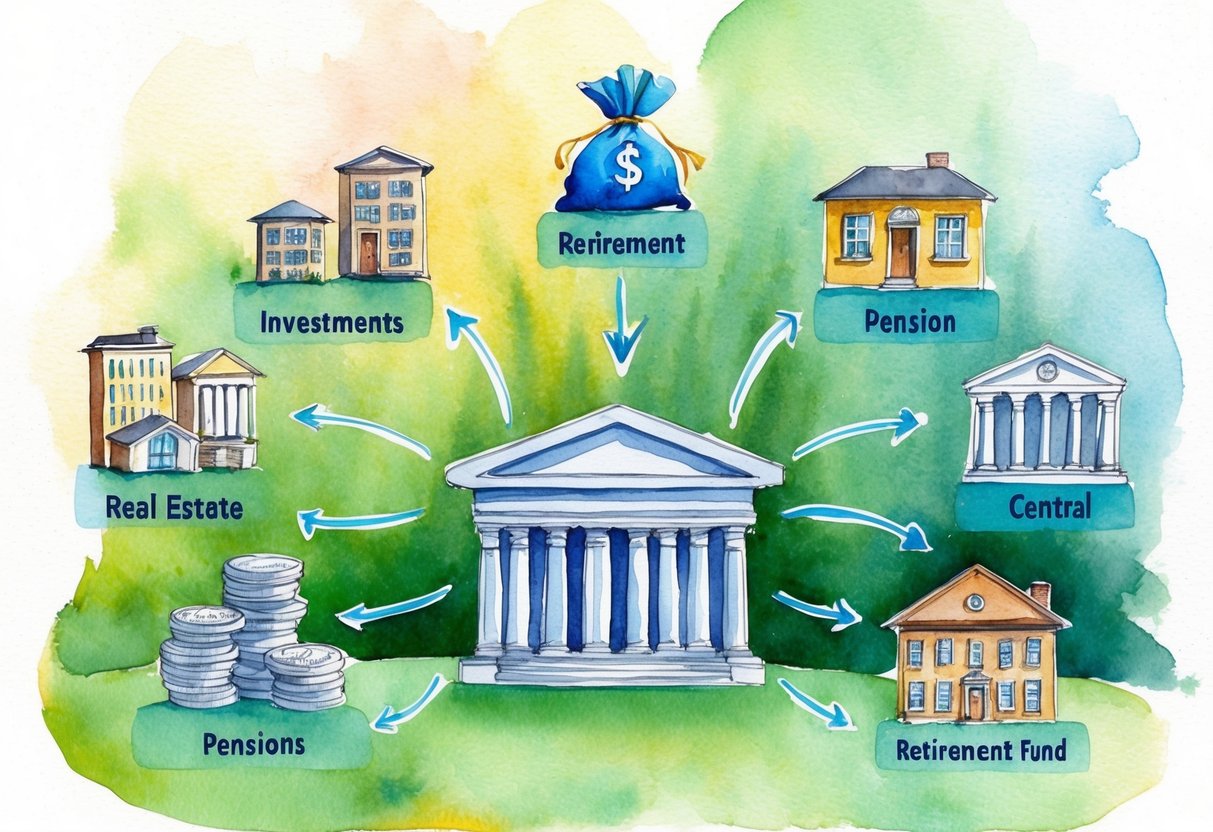 A diverse array of income sources, including investments, real estate, and pensions, all funneling into a central retirement fund