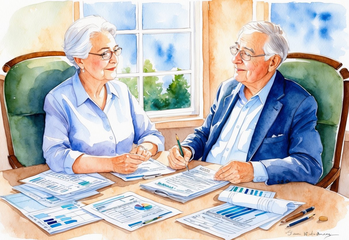 A serene elderly couple sitting at a table, surrounded by financial documents and charts, discussing retirement income sources and tax management