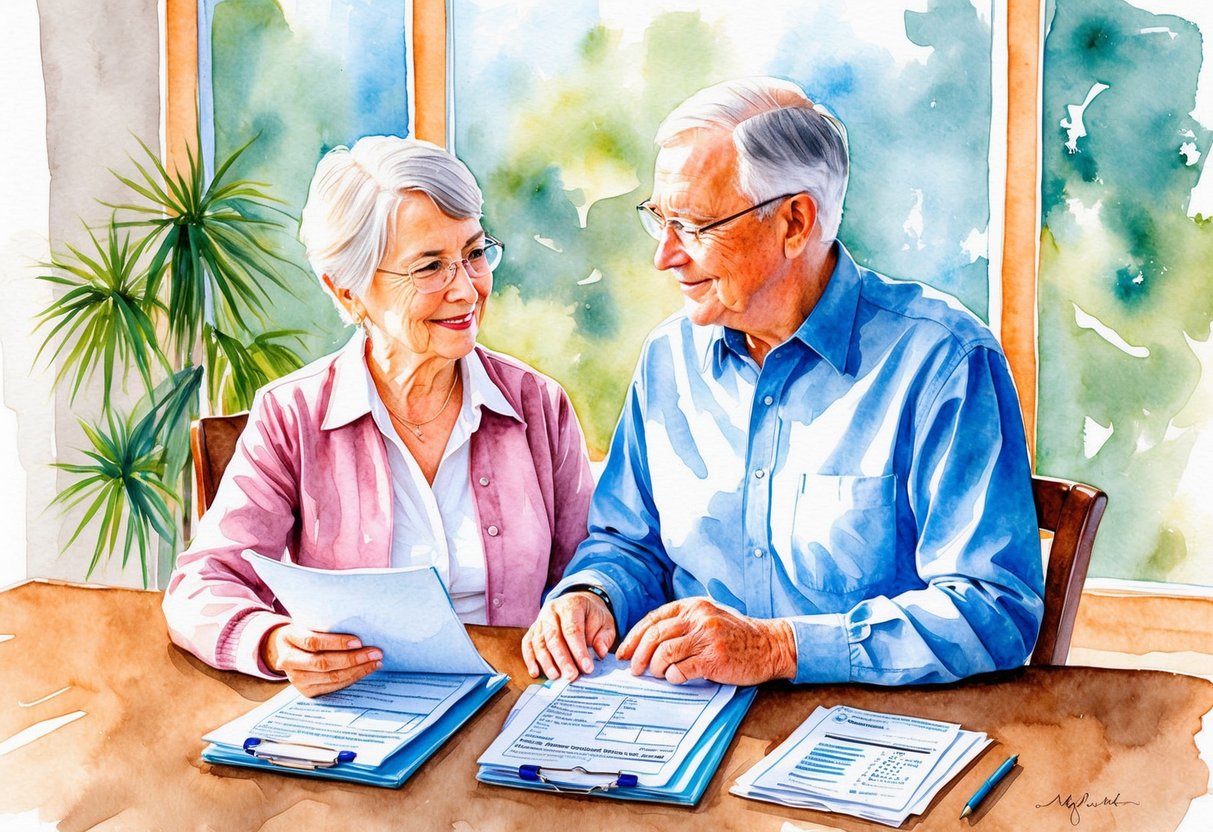 A senior couple sits at a table with financial documents, discussing healthcare and retirement income options