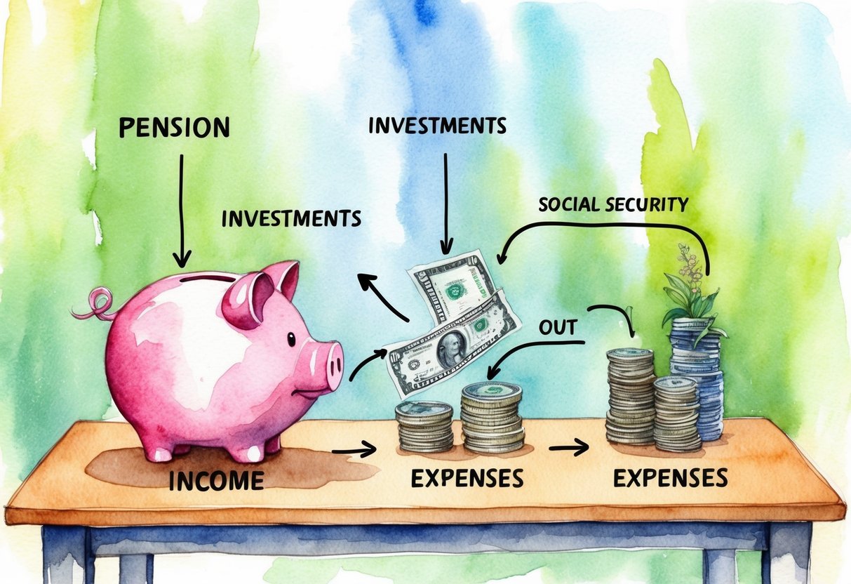 A table with various income sources (pension, investments, social security) flowing into a piggy bank, while expenses flow out