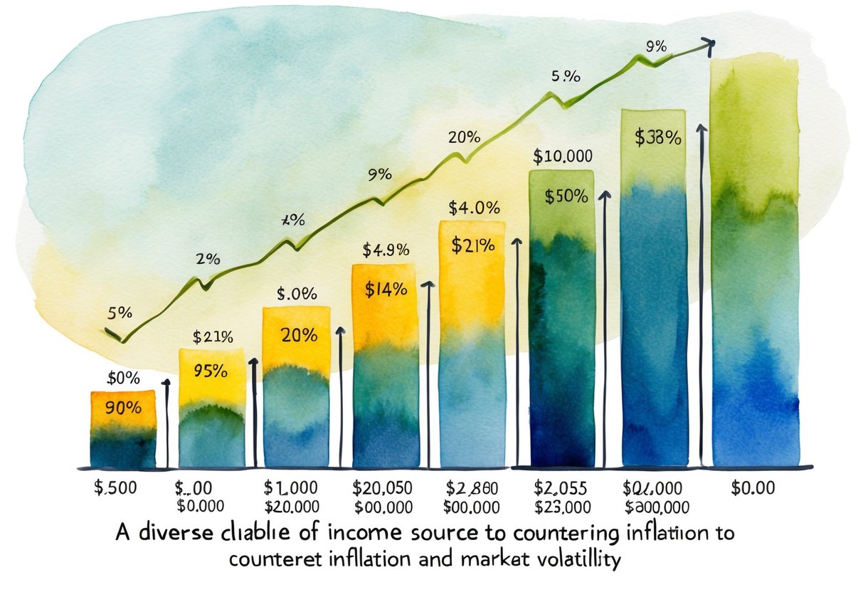 A diverse portfolio of financial assets fluctuating in value over time, with a focus on stable income sources to counteract inflation and market volatility