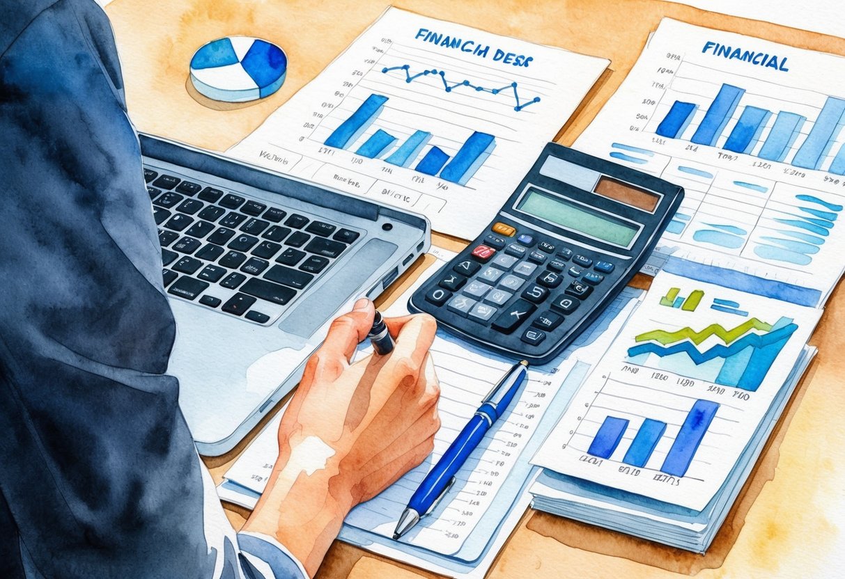 A desk with a laptop, financial documents, and a calculator surrounded by charts and graphs. A person's hand reaching for a pen to make notes