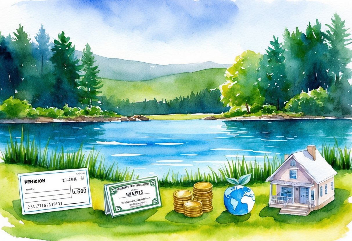 A serene lakeside with a diverse array of income sources symbolized by various objects such as a pension check, investment portfolio, and real estate properties