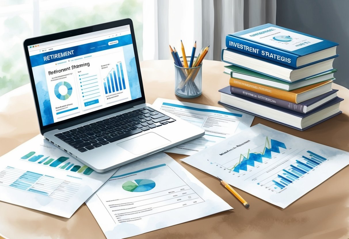 A table with financial documents spread out, a laptop open to a retirement planning website, and a stack of books on investment strategies