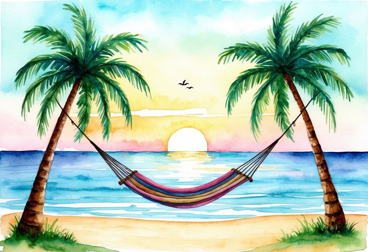 A serene beach with a hammock strung between two palm trees, overlooking a calm ocean with a sunset in the background