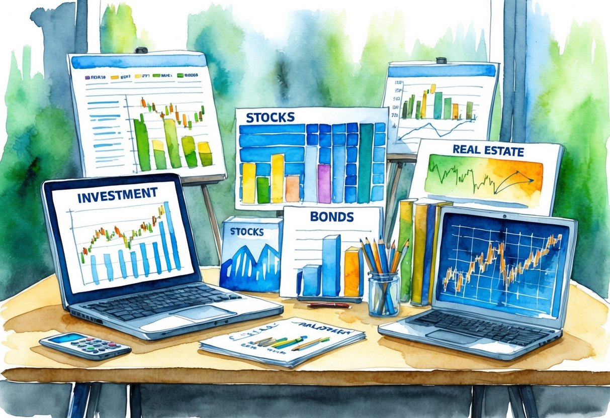 A variety of investment options displayed on a table, including stocks, bonds, real estate, and mutual funds. Charts and graphs show potential growth and risk