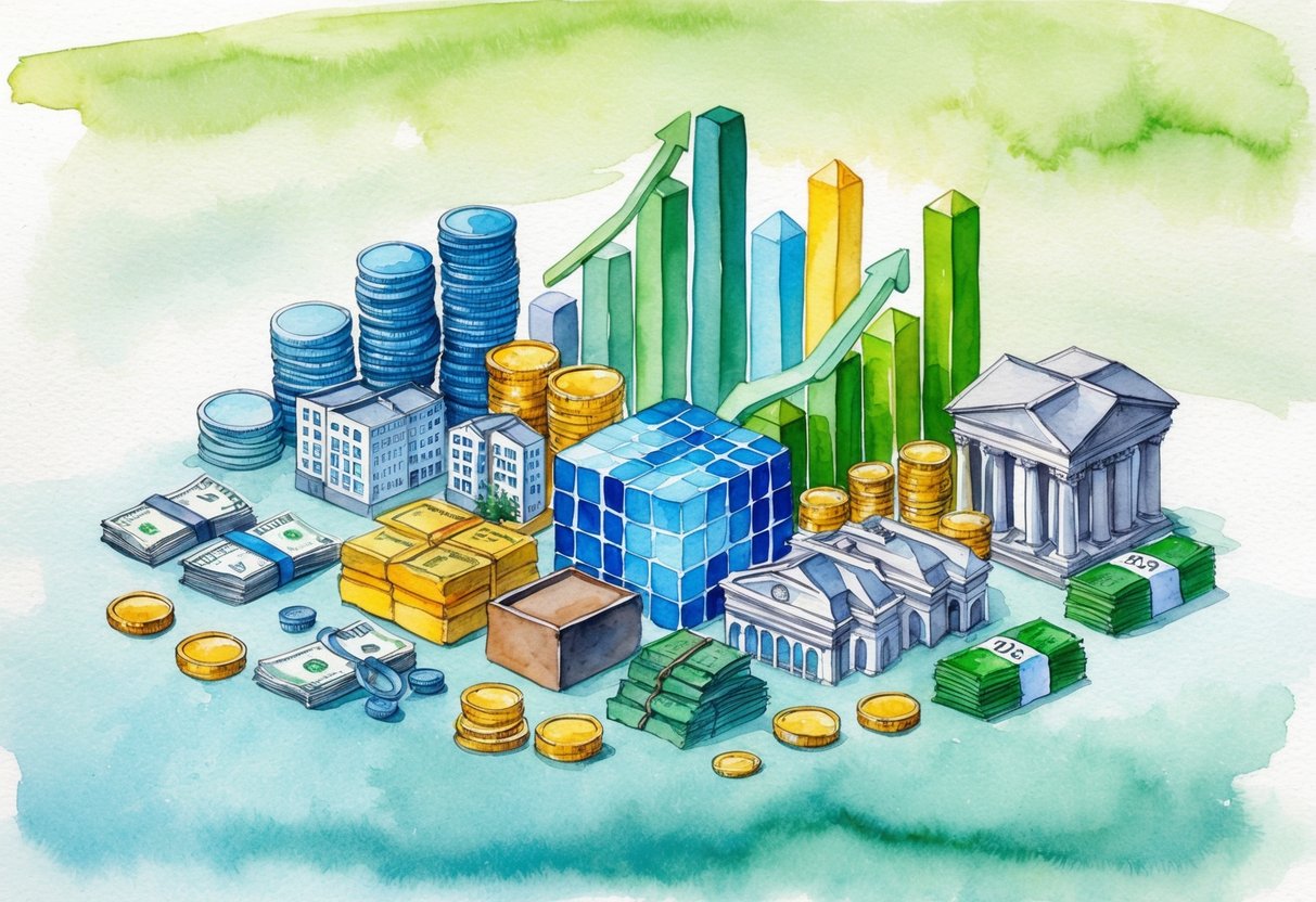 A diverse array of investment assets, including stocks, bonds, real estate, and commodities, strategically arranged to represent effective asset allocation for retirement planning