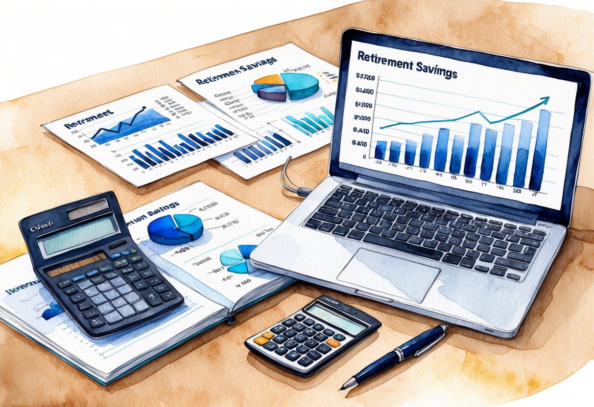 A table with financial charts, graphs, and investment portfolios. A calculator and pen sit next to a laptop displaying retirement savings projections