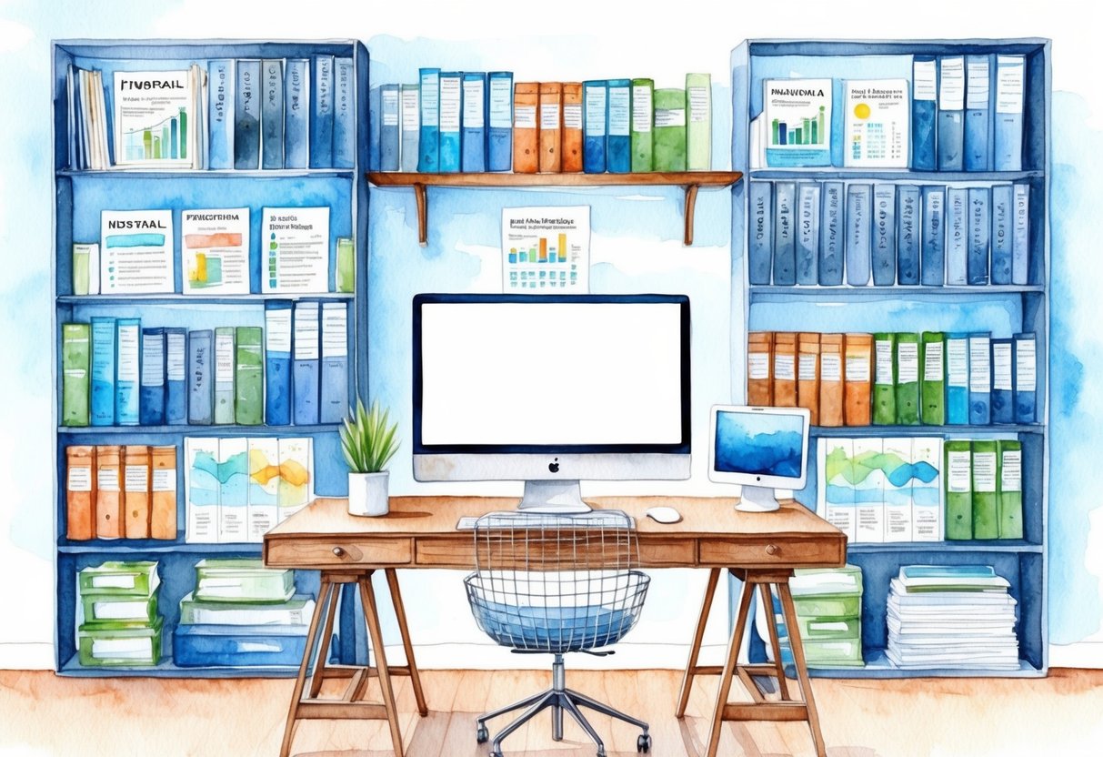 A serene and organized home office with a desk, computer, and shelves filled with financial planning books and investment reports