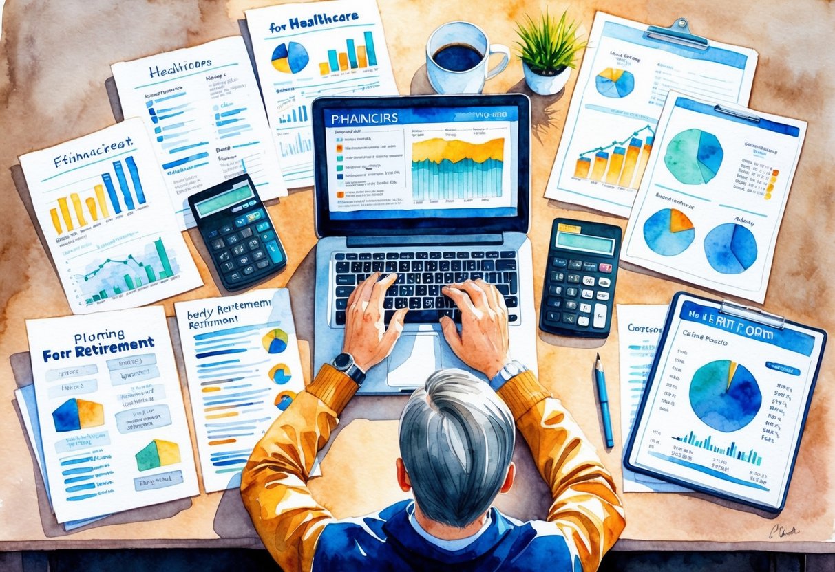 A person sitting at a desk surrounded by financial documents and charts, with a calculator and computer open, planning for healthcare in retirement
