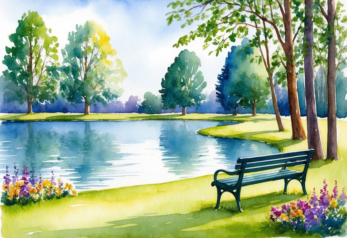 A serene park with a bench overlooking a calm lake, surrounded by tall trees and colorful flowers, evoking a sense of peace and financial security for retirement