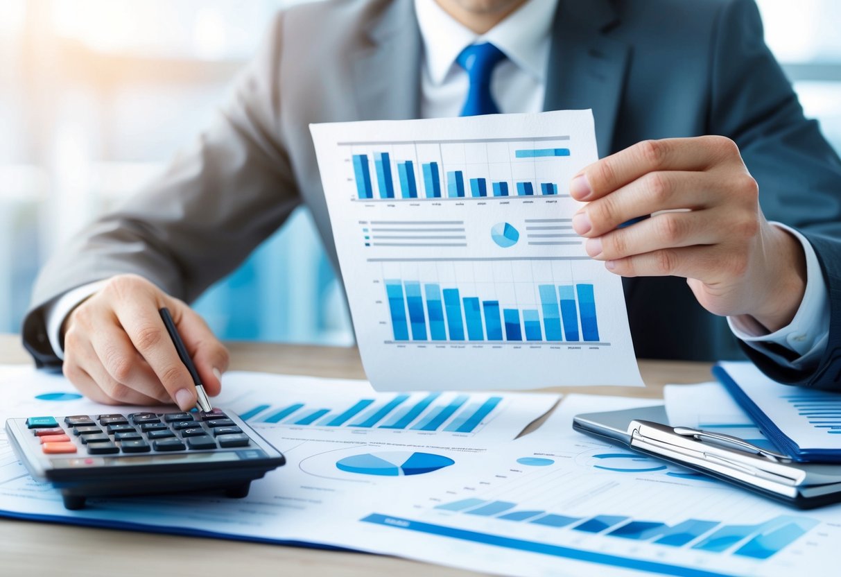 A person reviewing investment charts and graphs, surrounded by financial documents and a calculator, with a focused and determined expression