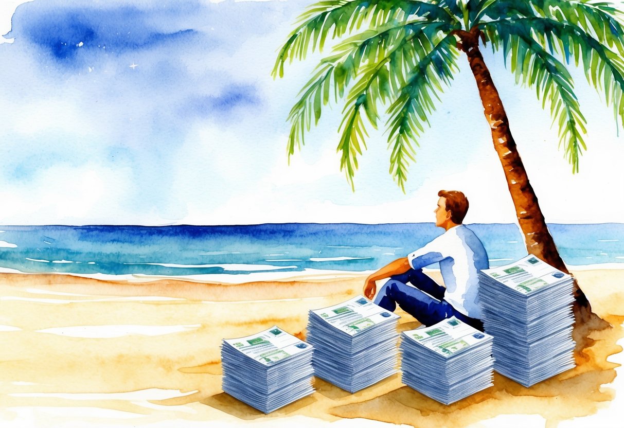 A serene beach with a lone figure sitting under a palm tree, surrounded by stacks of financial documents and charts