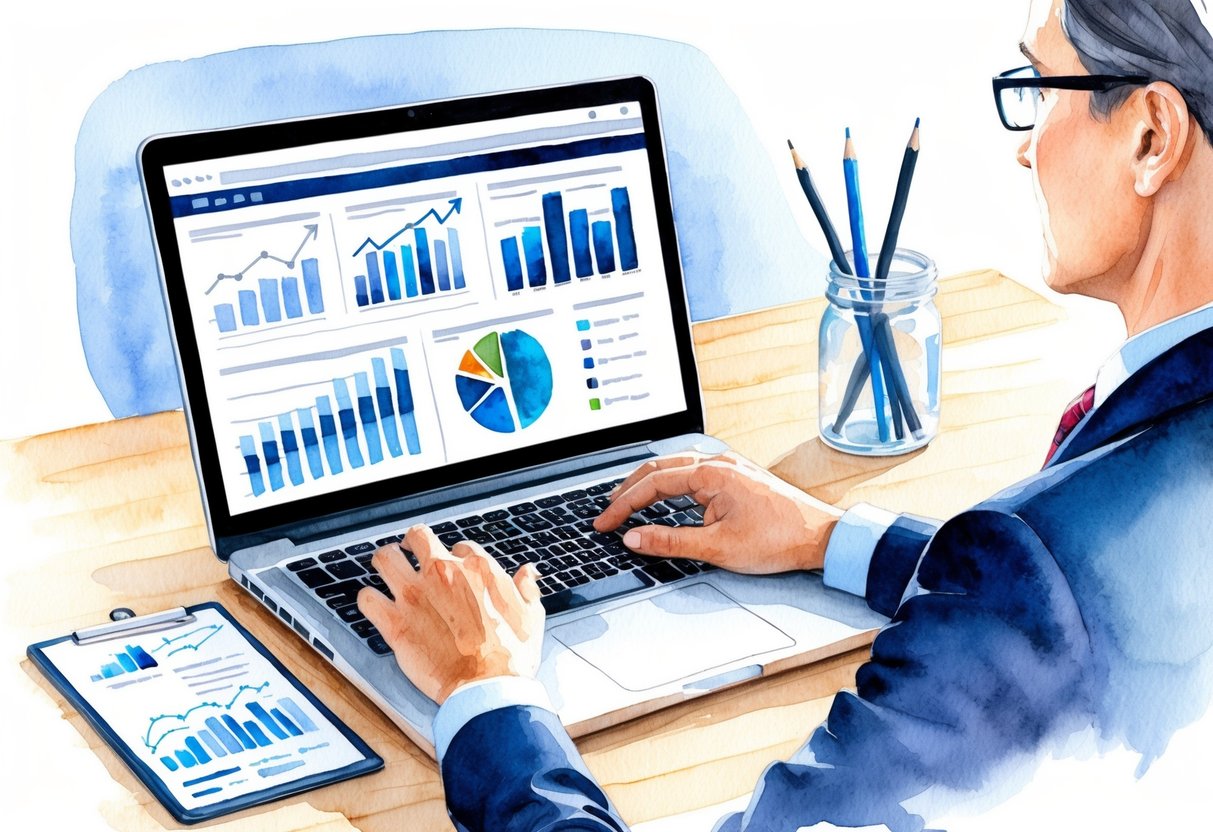 A person using a laptop to review investment strategies while consulting with a financial advisor. Graphs and charts displayed on a computer screen