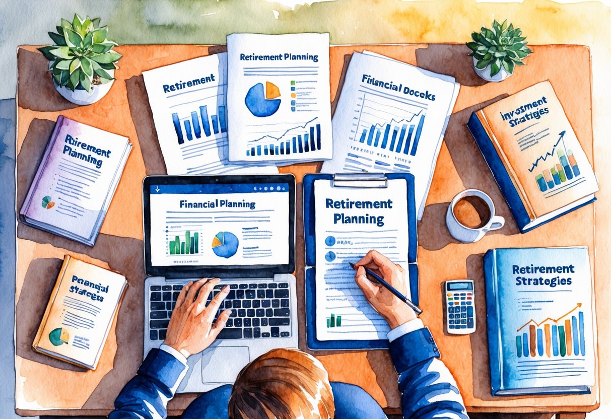 A person sitting at a desk with a laptop and financial documents, surrounded by books on retirement planning and investment strategies