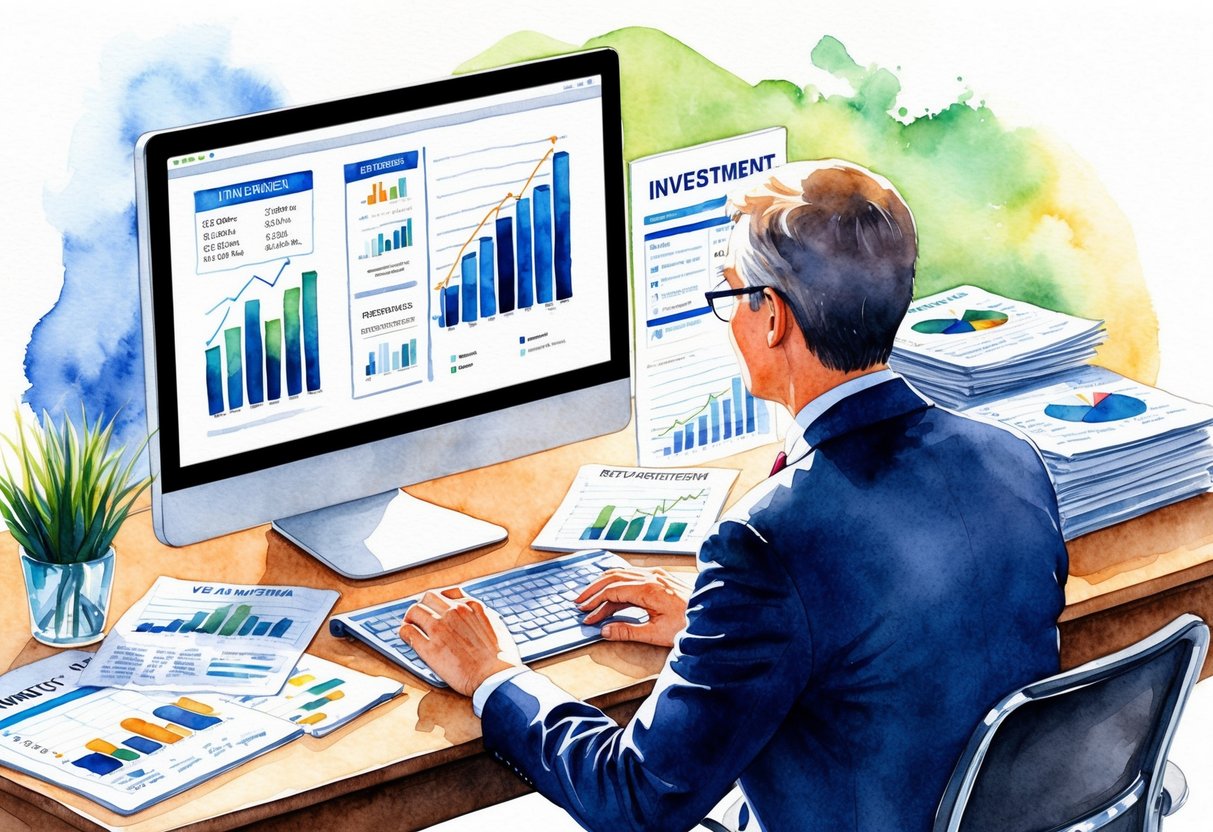 A person sitting at a desk surrounded by financial documents and charts, with a computer displaying investment strategies for retirement