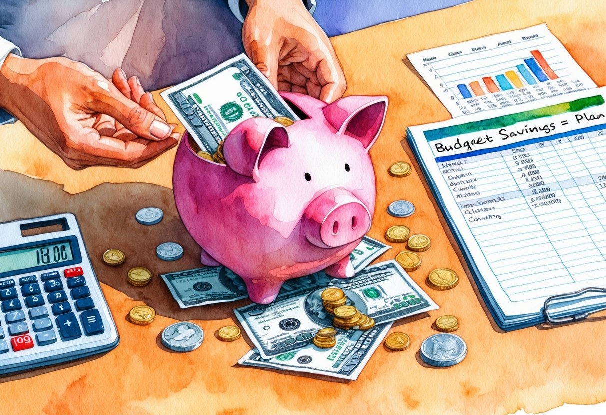 A piggy bank being filled with coins and bills, surrounded by a calculator, budget spreadsheet, and retirement savings plan