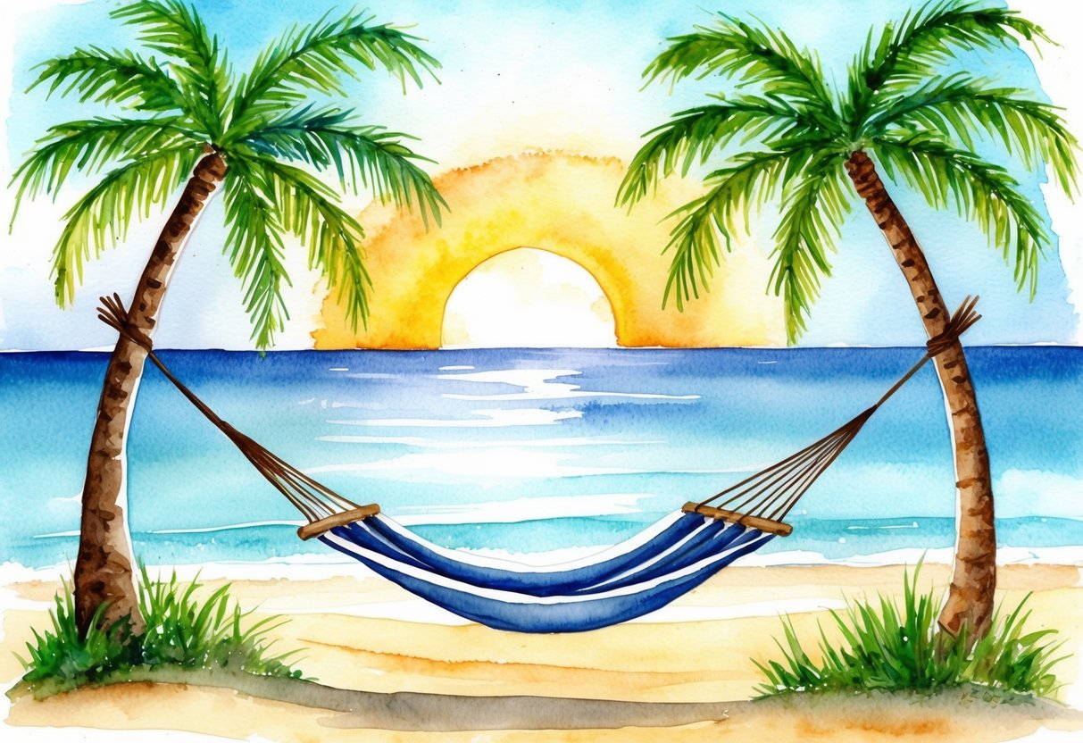 A serene beach with a hammock tied between two palm trees, overlooking a calm ocean with a setting sun in the background
