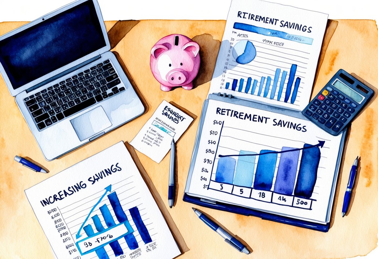A desk with a laptop, calculator, and financial documents. A piggy bank and retirement savings account statement. A graph showing increasing savings over time