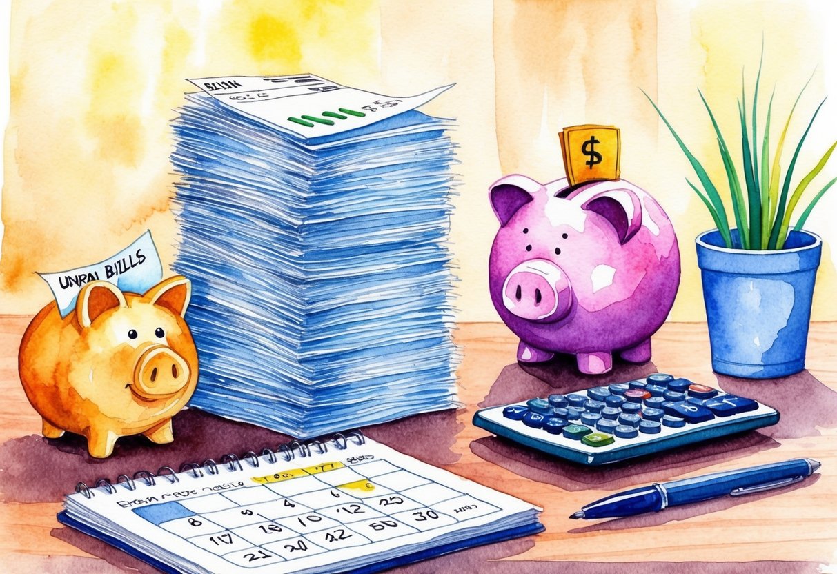 A stack of unpaid bills next to a piggy bank and retirement savings account. A calendar with deadlines and a calculator on the table