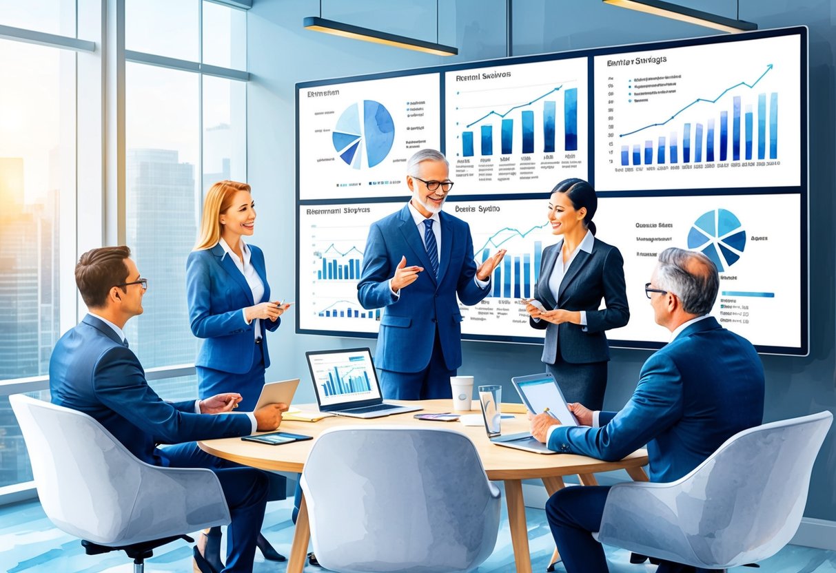 A group of financial professionals discussing retirement savings strategies in a modern office setting. Graphs and charts displayed on a large screen