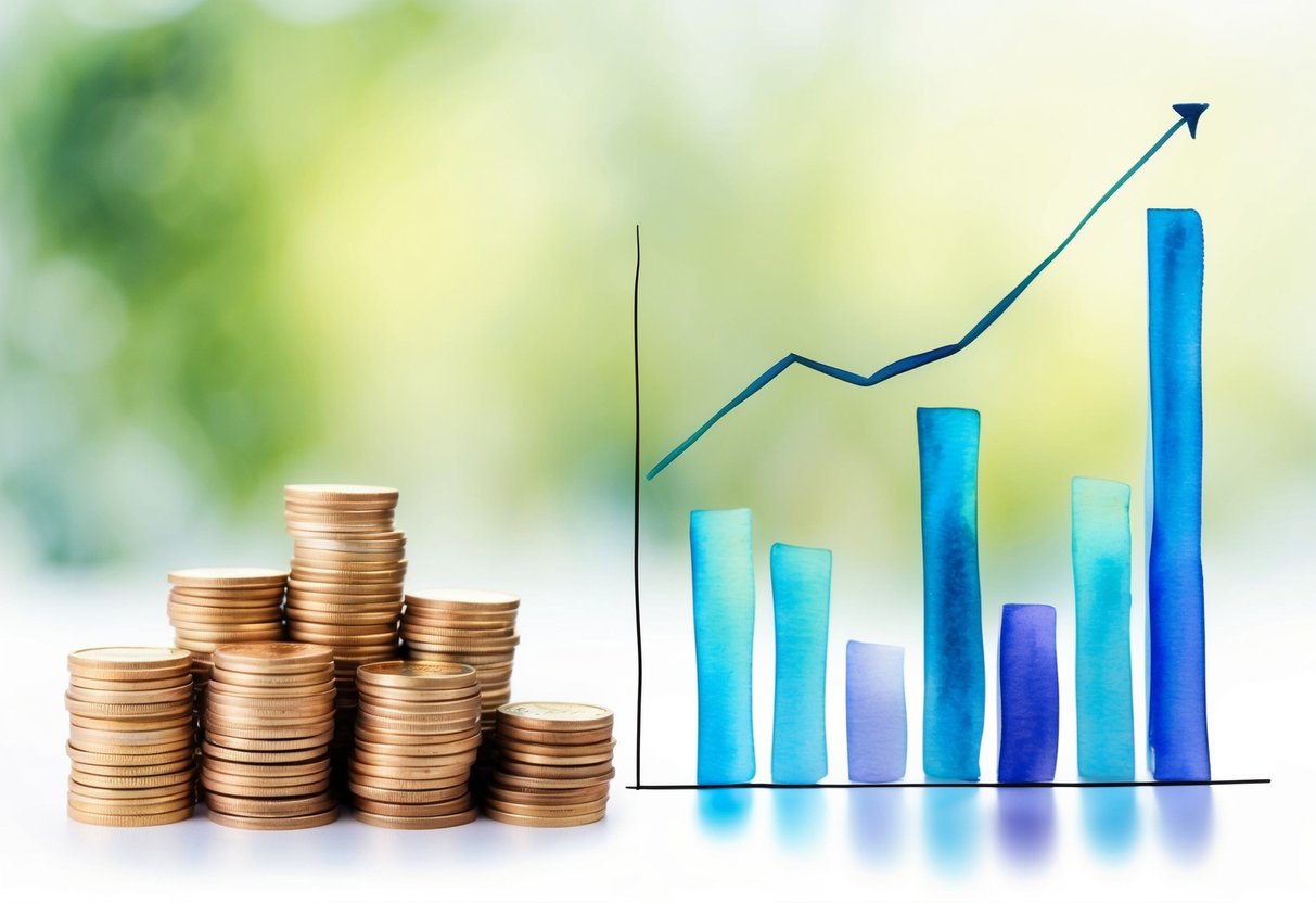 A stack of coins gradually grows larger, symbolizing effective retirement savings. A graph displaying increasing financial growth sits next to it