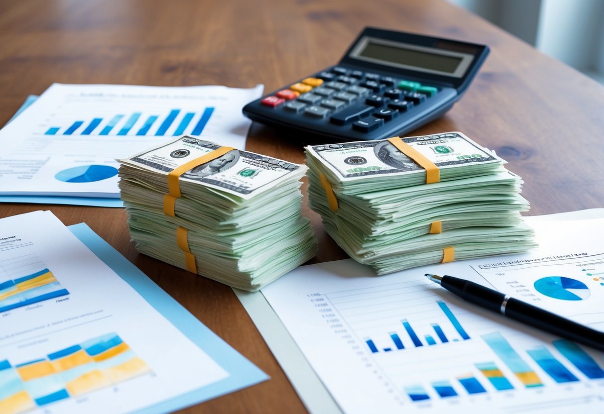A table with a stack of bills and a calculator surrounded by financial documents and charts