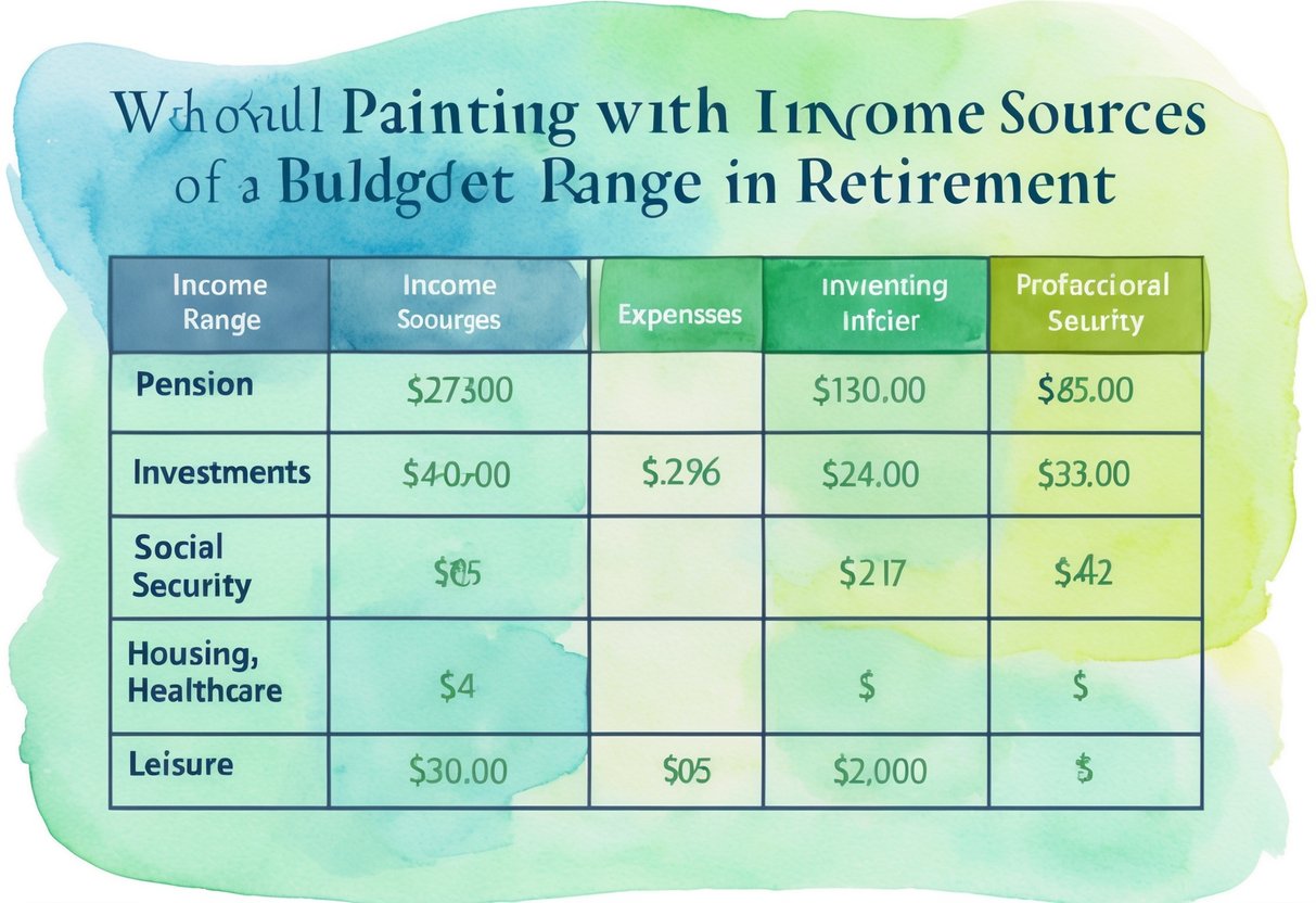 A table with a diverse range of income sources (pension, investments, social security) and a budget plan for expenses (housing, healthcare, leisure) in retirement