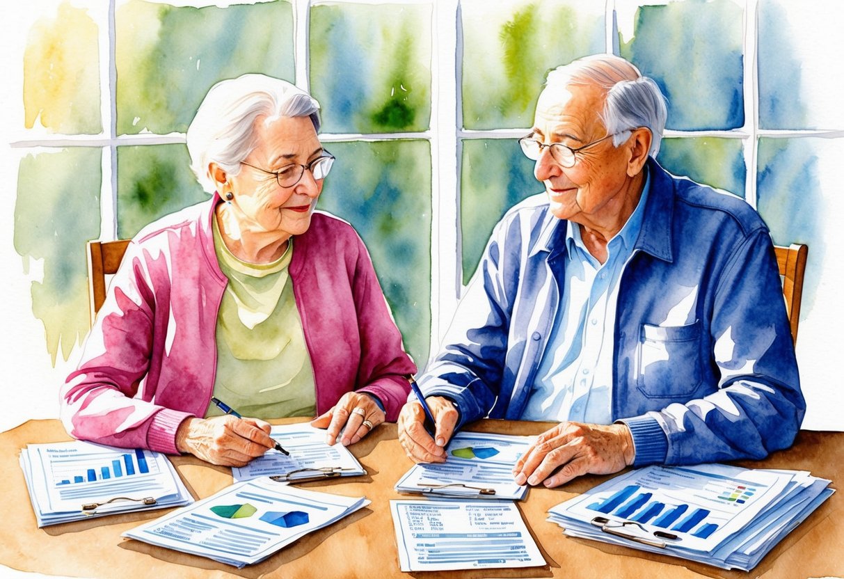 A serene, elderly couple sits at a table, surrounded by financial documents and charts. They are deep in conversation, discussing their retirement plans