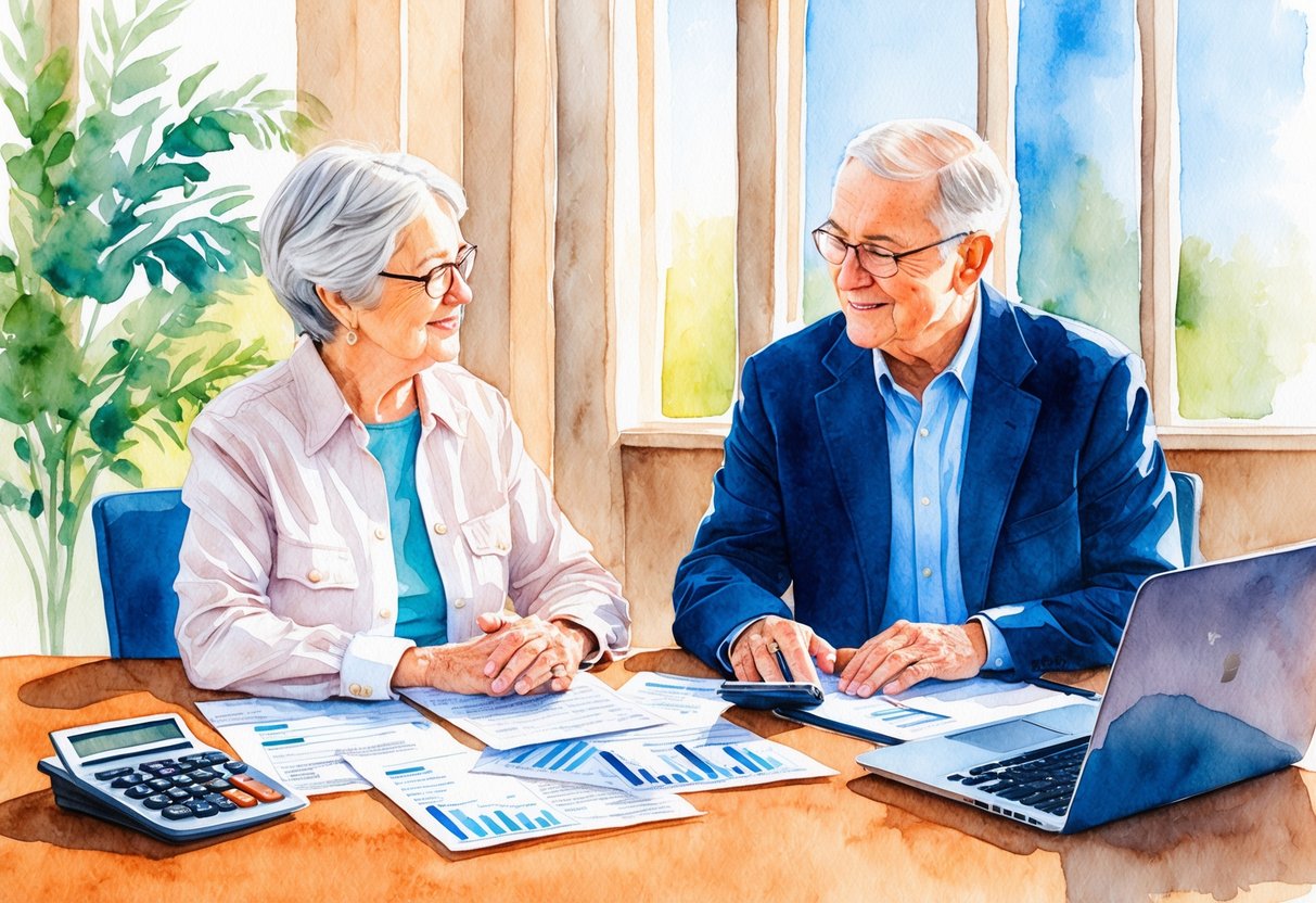 A senior couple sitting at a table with financial documents, calculator, and laptop, discussing health care and insurance options for retirement