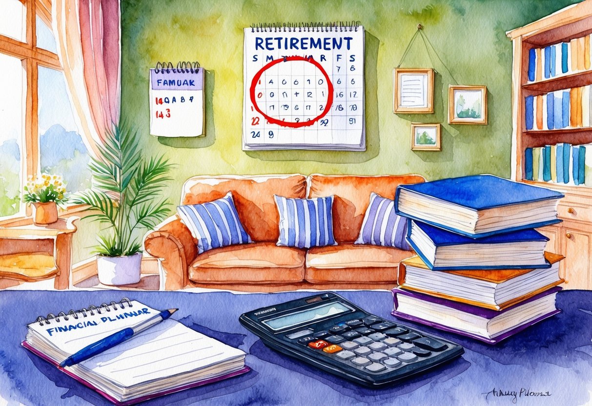 A cozy living room with a financial planner's desk, a calculator, and a stack of retirement planning books. A calendar on the wall shows a retirement date circled in red