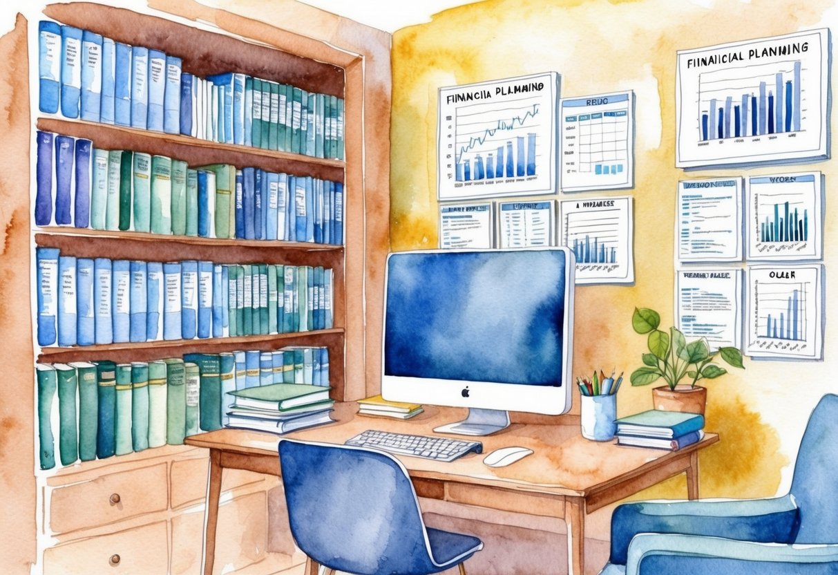 A cozy living room with a desk and computer, surrounded by shelves of financial planning books and charts on the wall