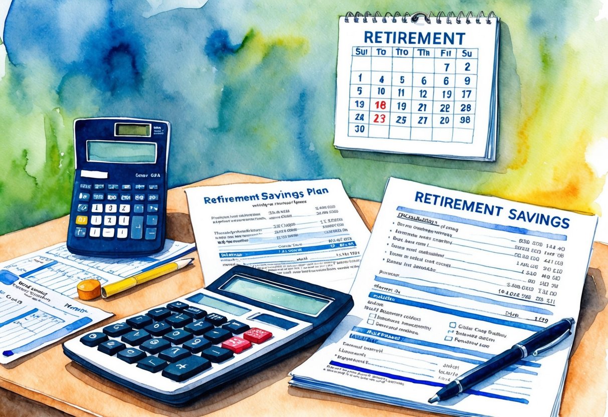A desk with a calculator, financial documents, and a retirement savings plan spread out. A calendar with retirement dates circled hangs on the wall