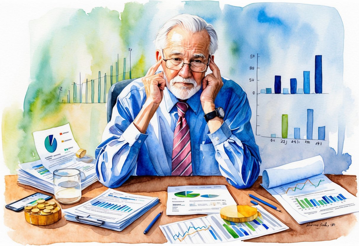 An elderly person adjusts their retirement plans amidst fluctuating economic conditions, surrounded by financial documents and charts