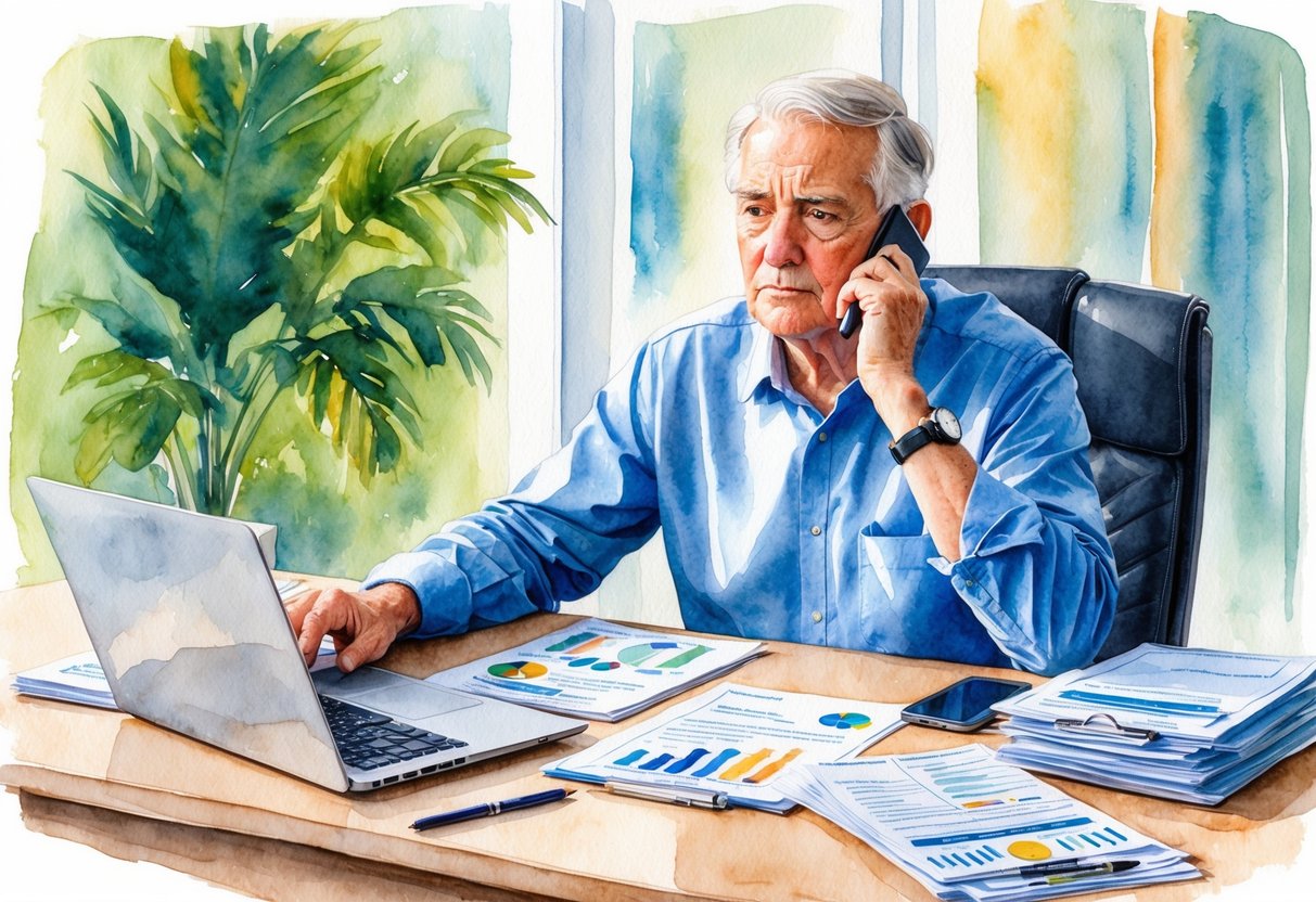 An older adult sitting at a desk, surrounded by financial documents and a laptop, with a concerned expression while adjusting retirement plans
