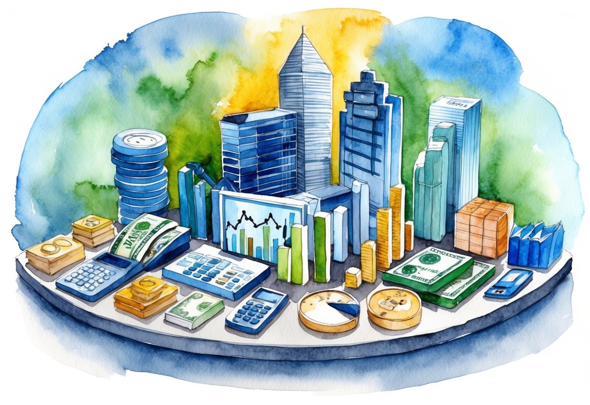 A diverse range of investment assets, such as stocks, bonds, real estate, and commodities, being carefully monitored and adjusted in response to economic shifts
