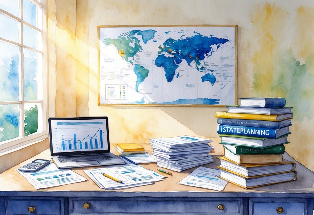 A serene, sunlit study with a desk cluttered with financial documents, a laptop, and a stack of books on estate planning and retirement. A world map hangs on the wall, with pushpins marking various locations