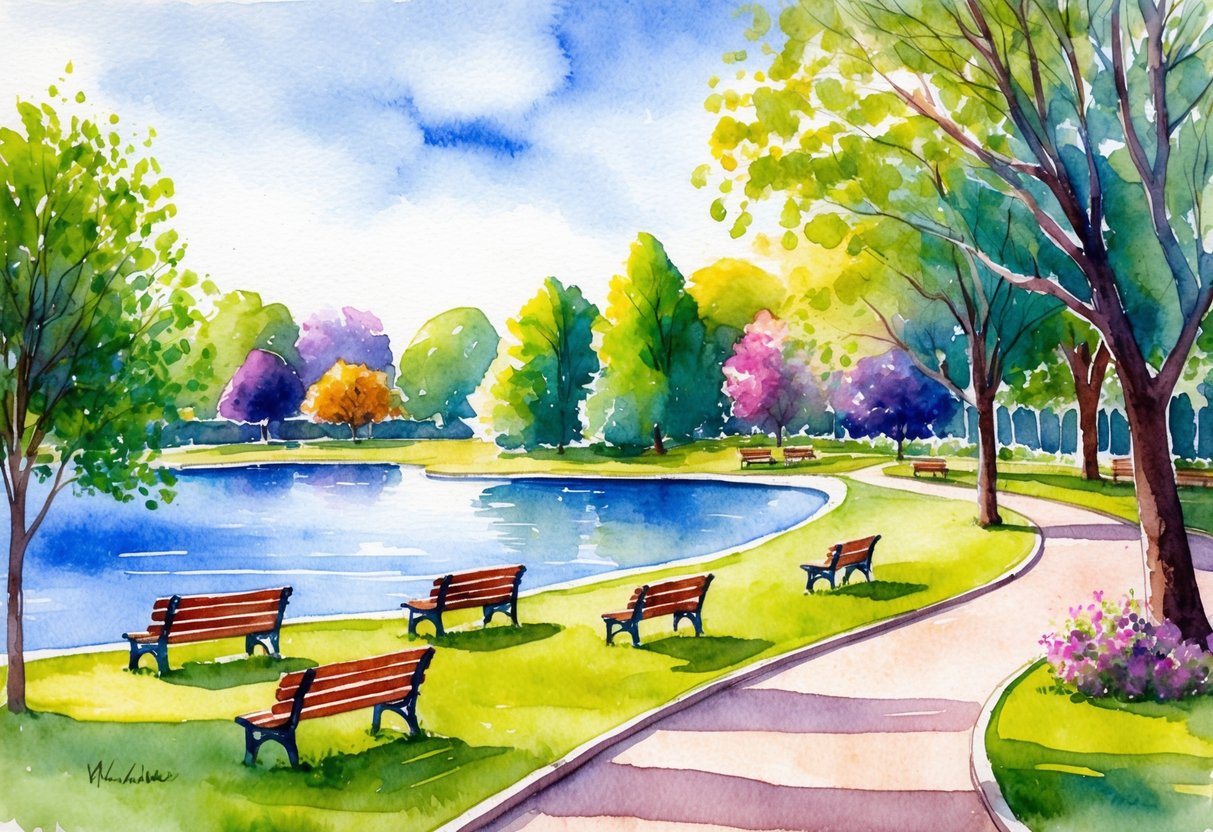 A serene park with a winding path leading to a peaceful lake, surrounded by vibrant trees and benches for relaxation