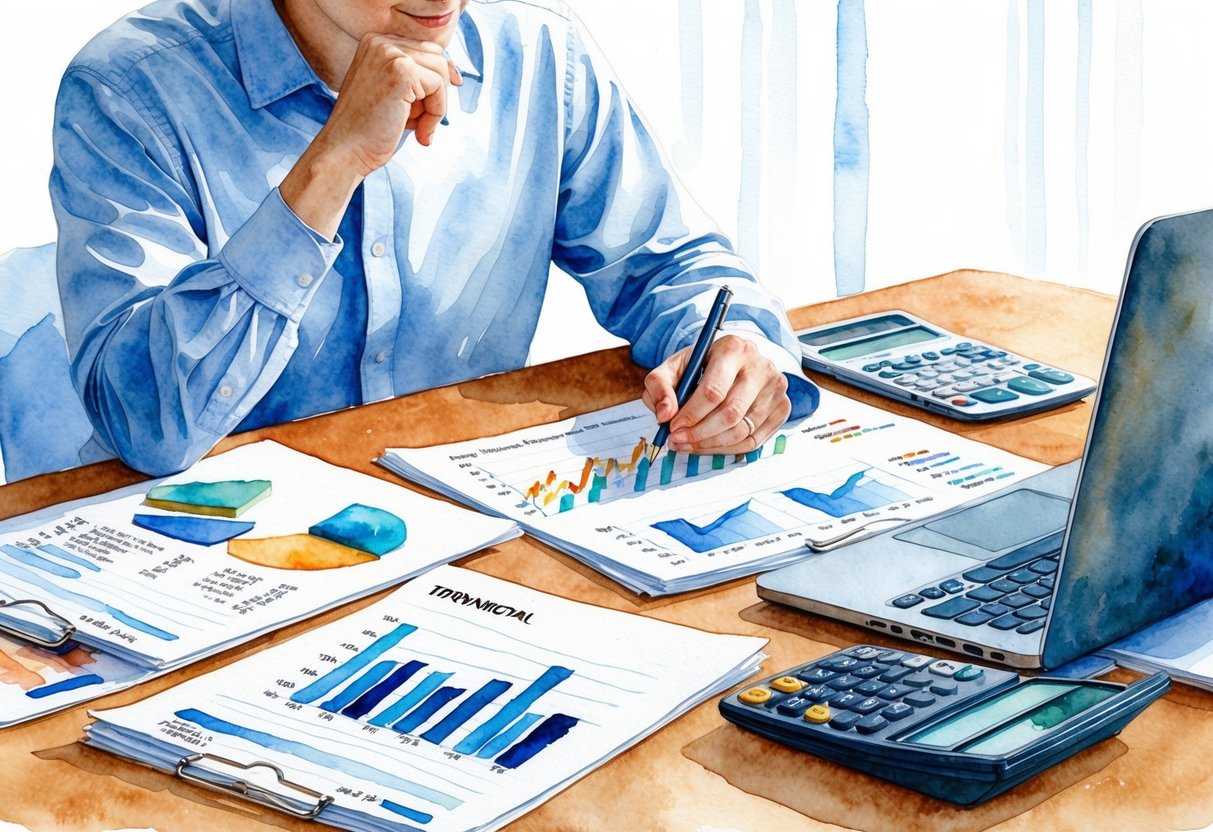 A table with financial documents, a laptop, and a calculator. A person reviewing charts and graphs with a thoughtful expression