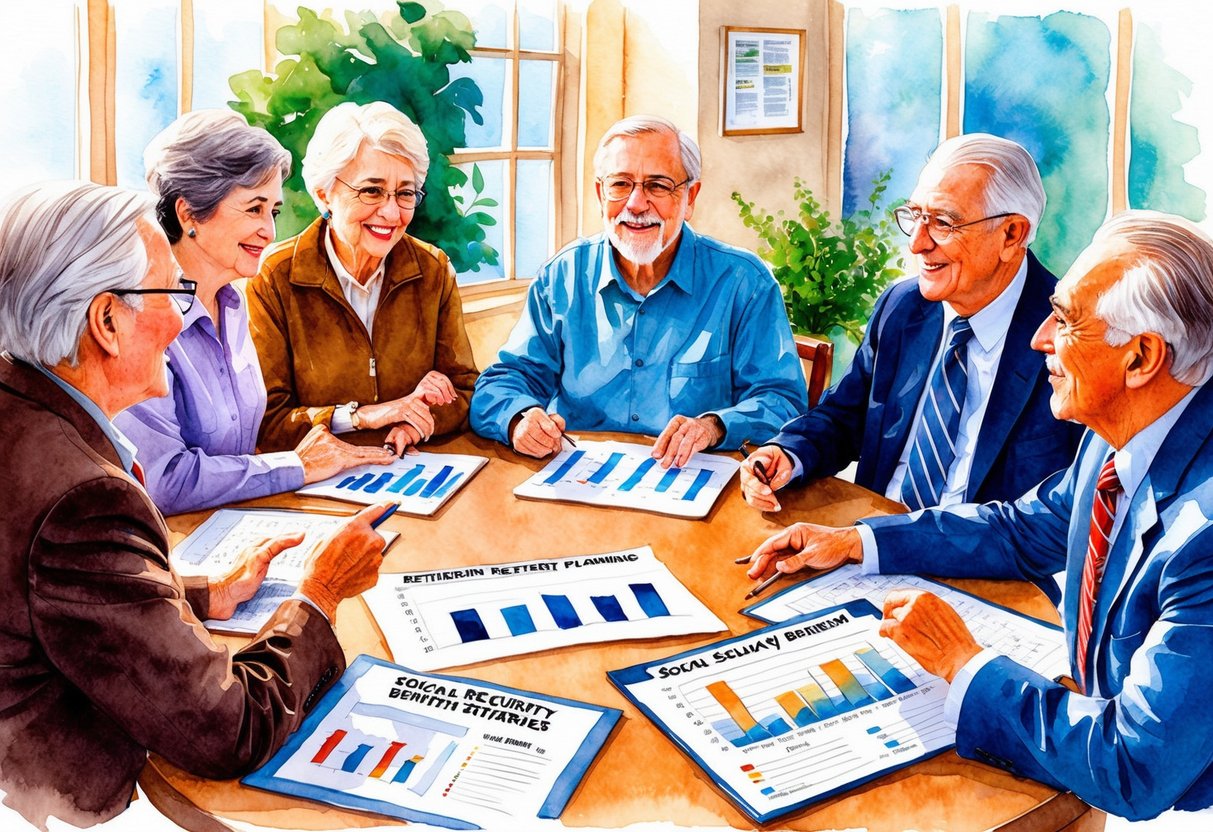 A group of elderly individuals sitting around a table, discussing retirement planning and social security benefit strategies. Charts and graphs are spread out in front of them as they engage in a lively conversation
